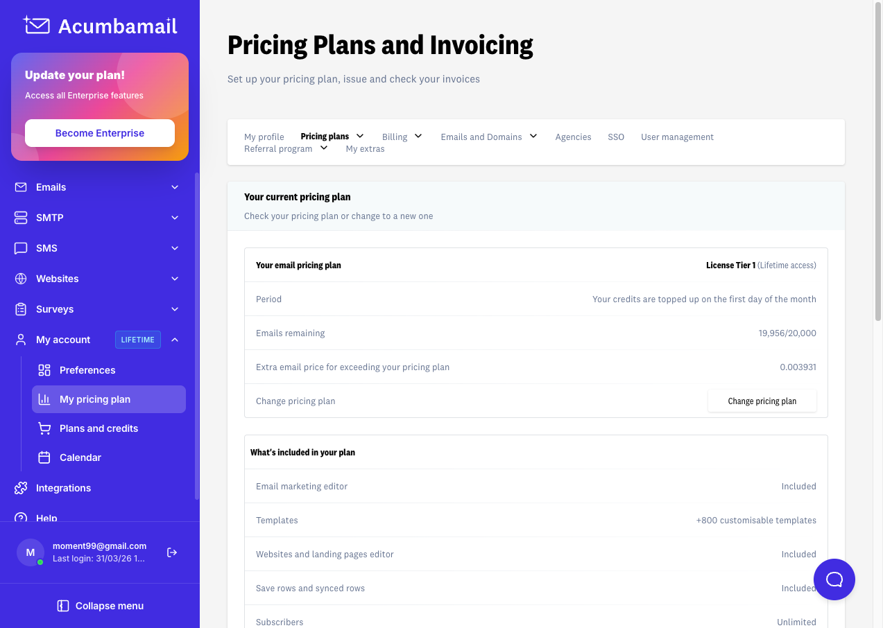 Acumbamail pricing plan screenshot